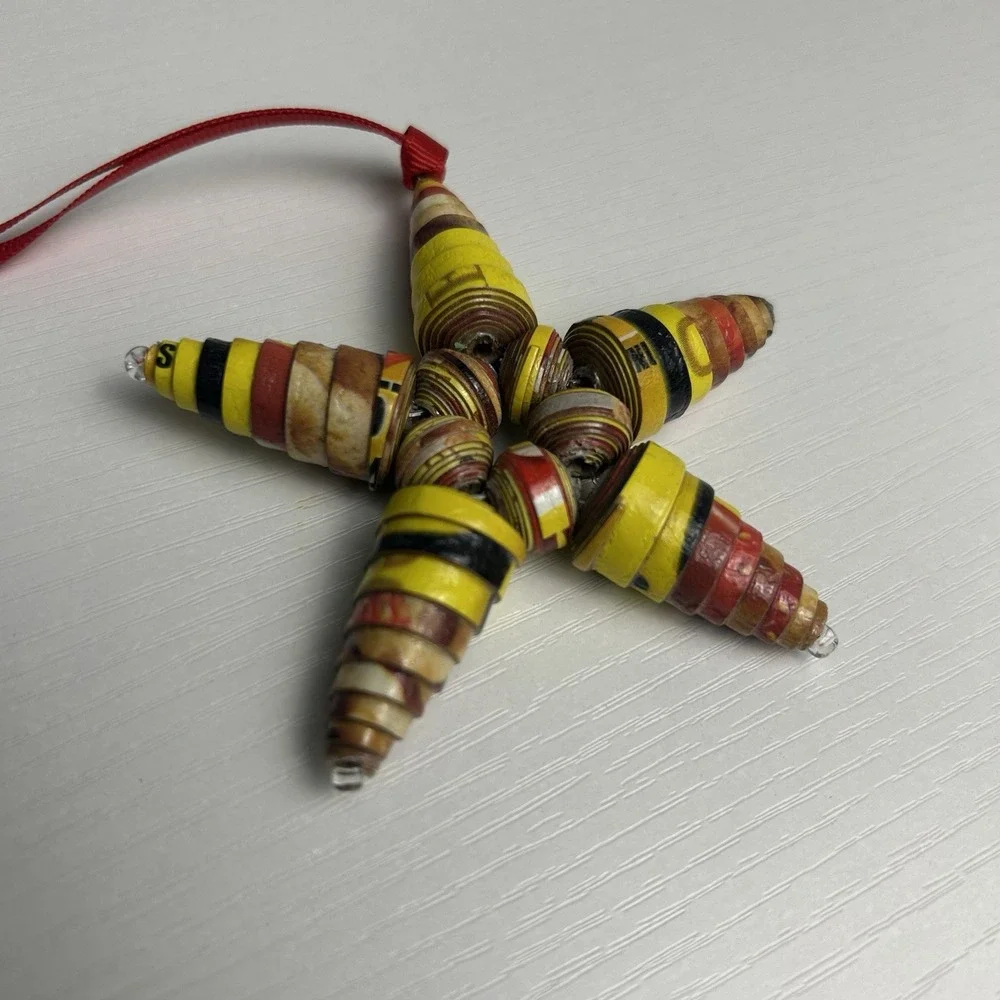 Recycled Paper Cardboard Bead Handmade Star Ornament Yellow, Red, Black